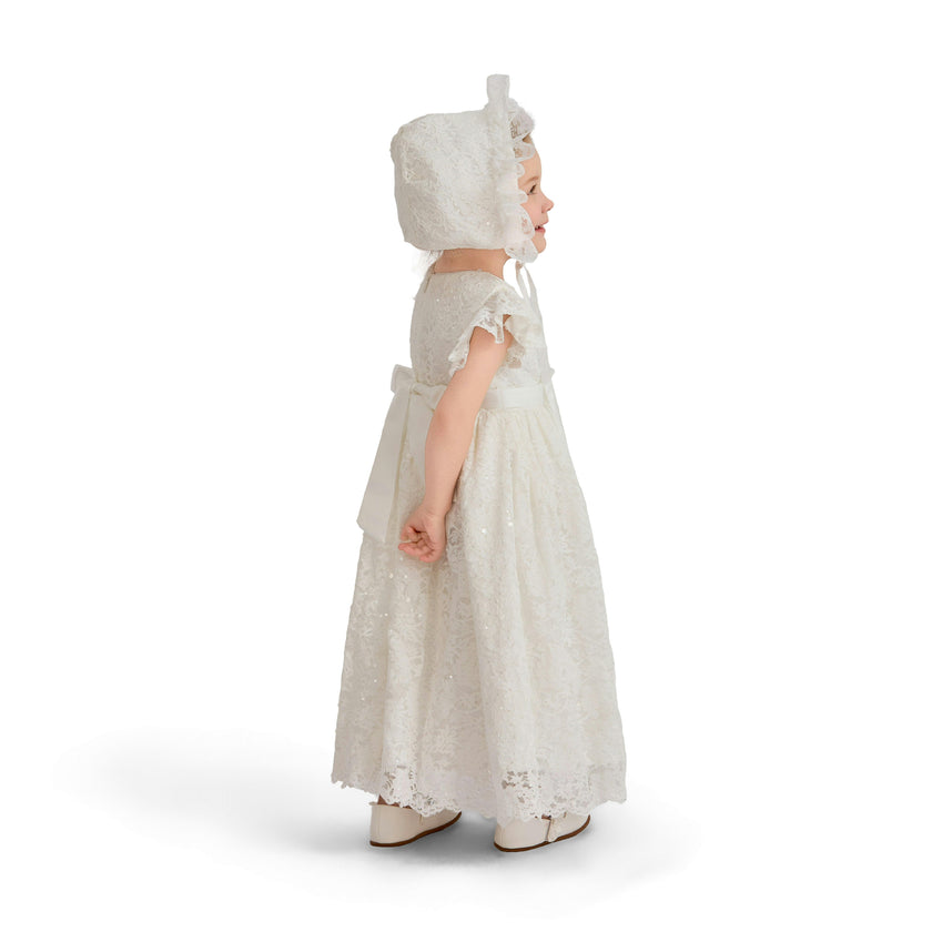 White Velloria Lace Christening Dress with Bonnet