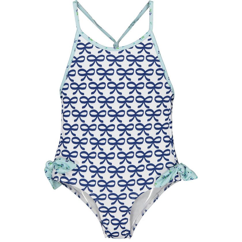 Berries & Bows Tie Bottom Swimsuit, Blue