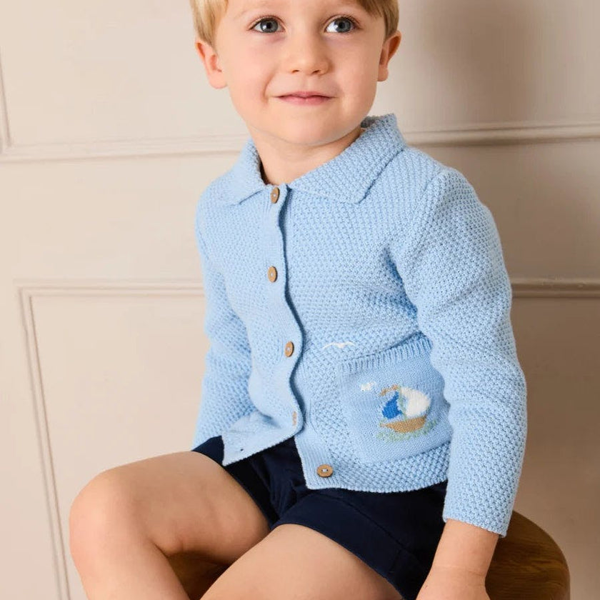 Nautical Boat Embroidery Polo Collar Cardigan in Sky Blue (12mths-6yrs)