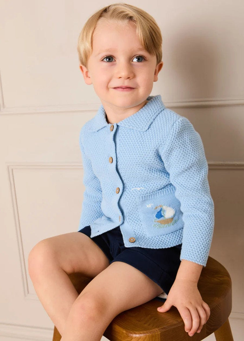 Nautical Boat Embroidery Polo Collar Cardigan in Sky Blue (12mths-6yrs)