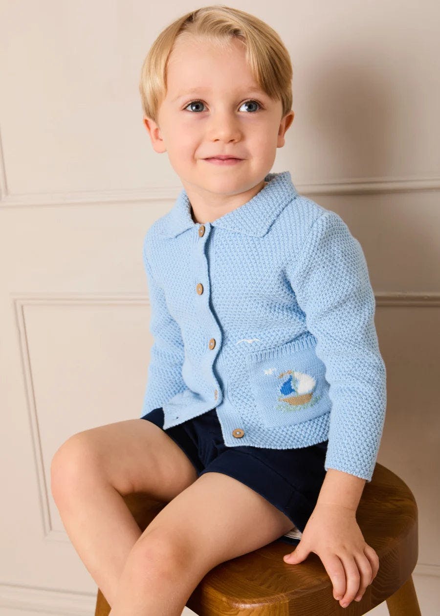 Nautical Boat Embroidery Polo Collar Cardigan in Sky Blue (12mths-6yrs)