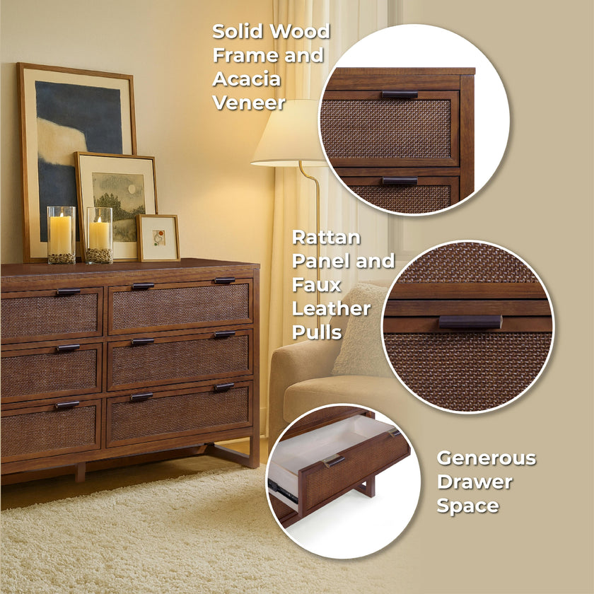 Hatteras Dresser with 6 Rattan Inset Drawers, Faux Leather Pulls & Deep Storage