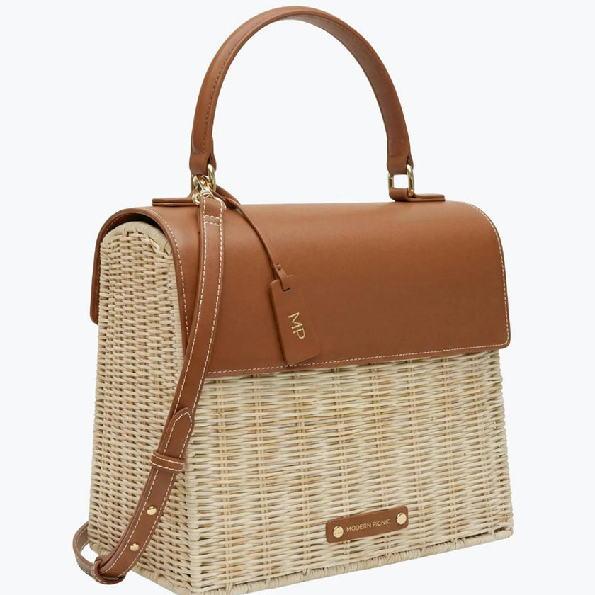 Medium Insulated Hand-Woven Wicker Lunchbox, Natural & Brown