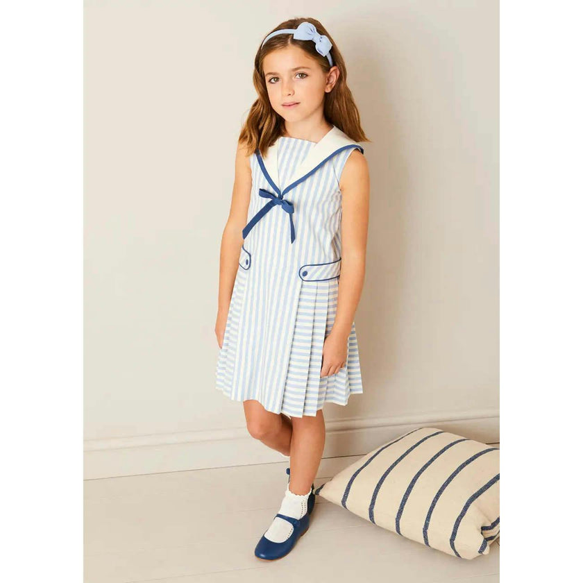 Regency Striped Mariner Collar Pleated Sleeveless Dress in Blue (12mths-10yrs)