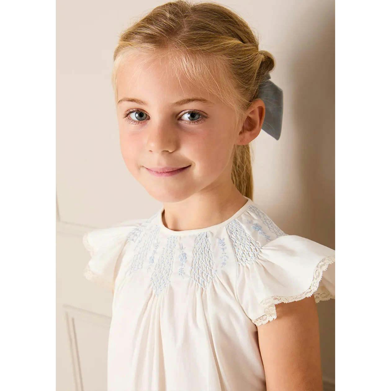Butterfly Embroidered Lace Detail Cap Sleeve Blouse in White (18mths-10yrs)