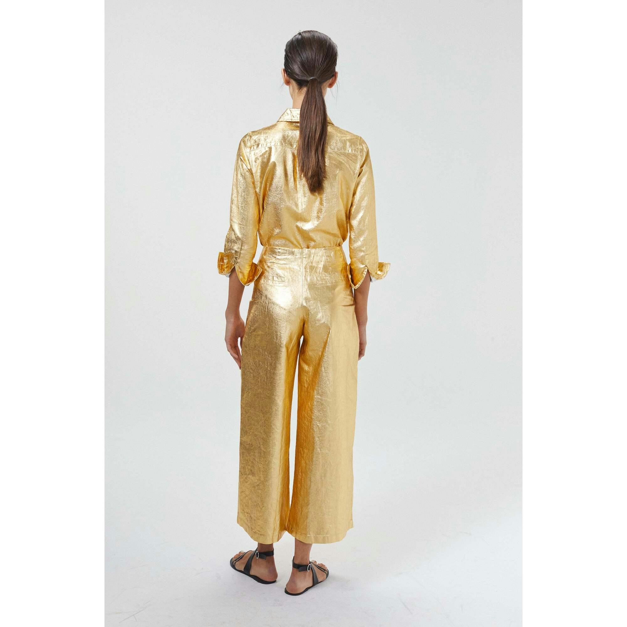 Culotte Metallic Linen Pants - Gold