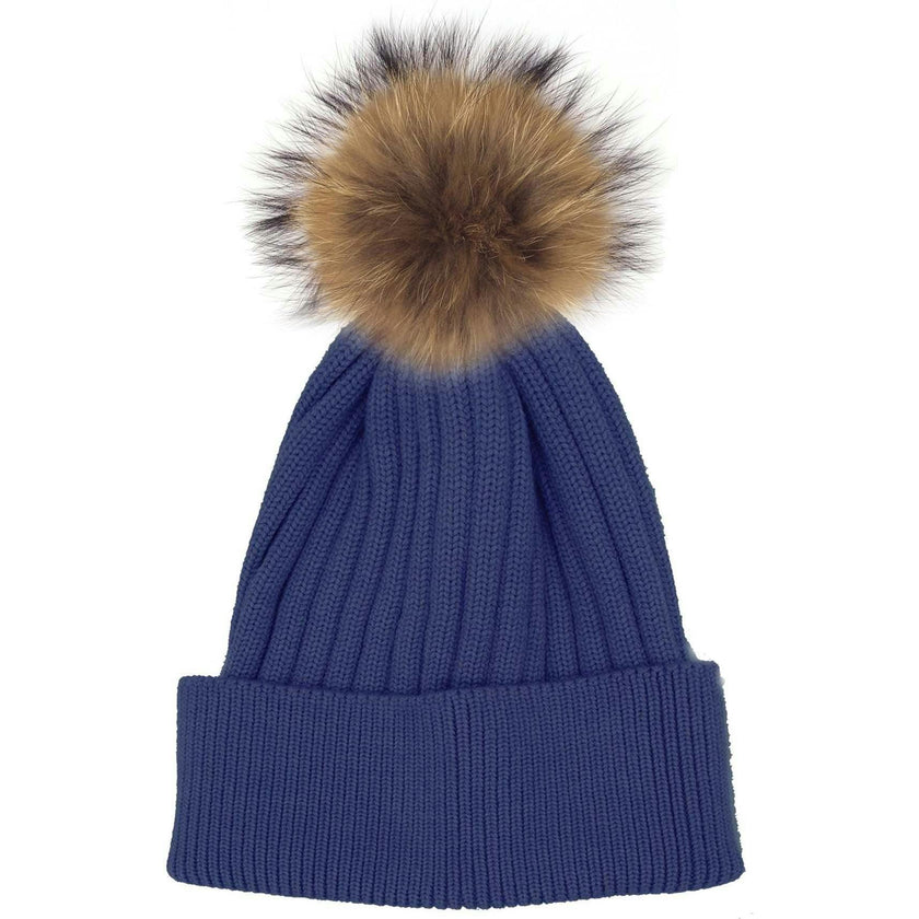 Ribbed Flat Wool Blend Hat With A Genuine Fur Pom (TikTok)