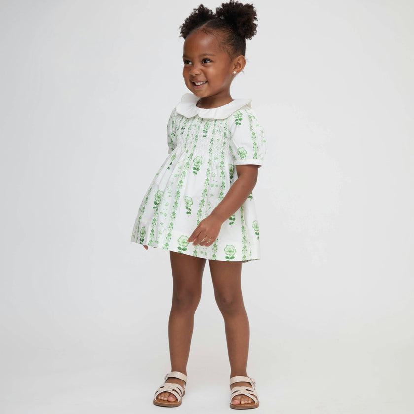 The Tiny Mina Nap Dress - White/Green Arcadia Border