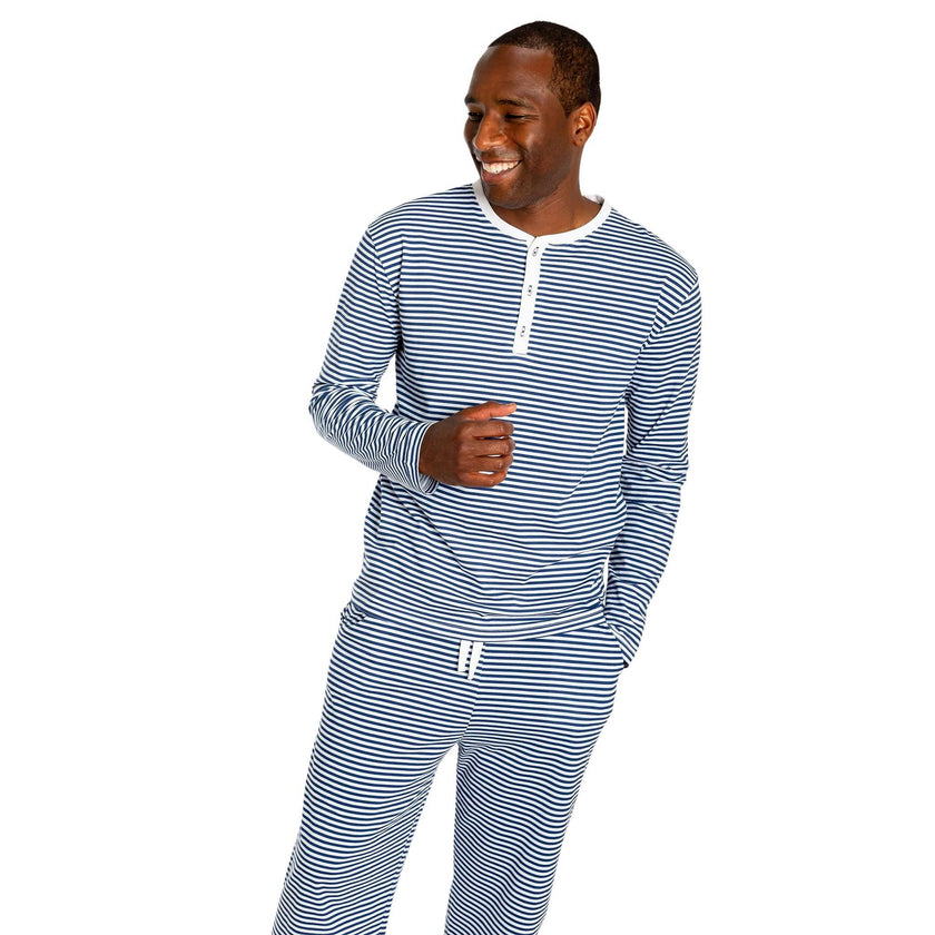 Men's Marina Jersey Long Knit Henley - Navy Stripe Organic Stretch Cotton