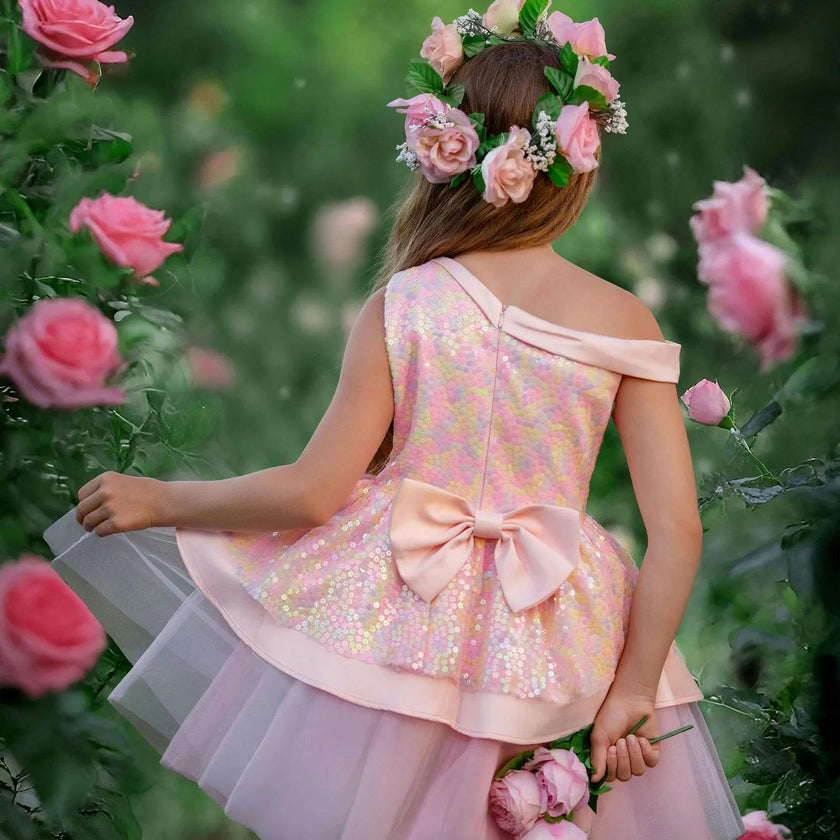 Rosy Bloom Off-Shoulder Sequin Party Dress