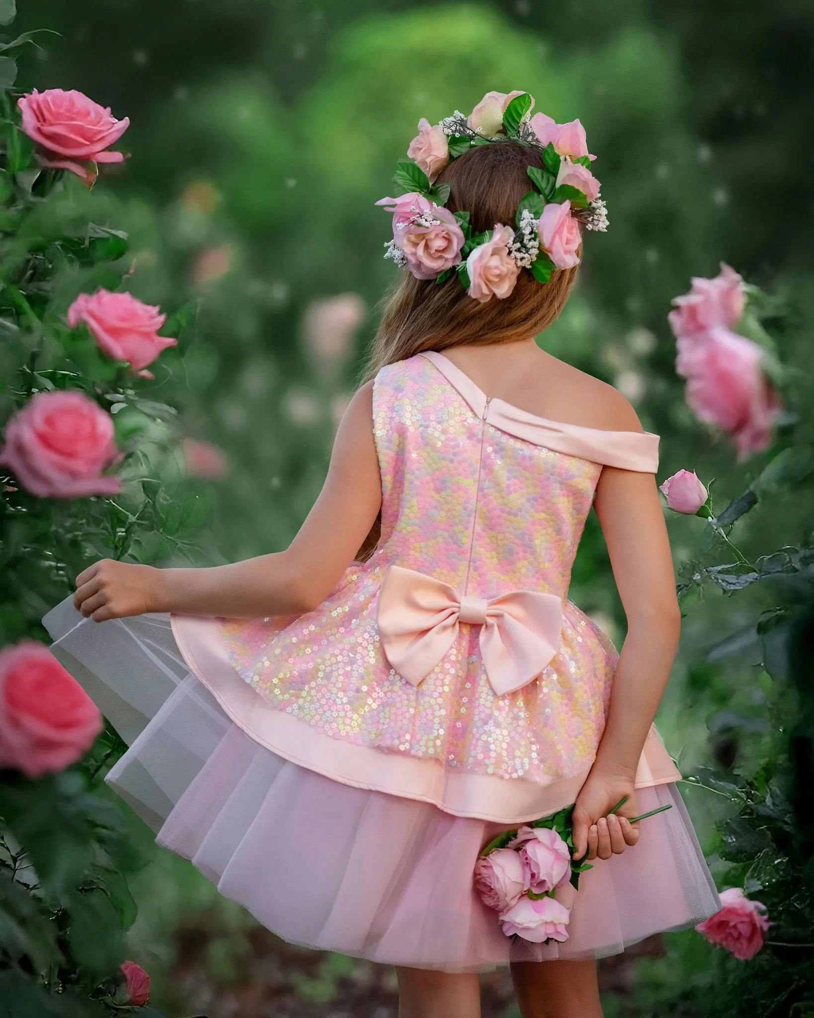 Rosy Bloom Off-Shoulder Sequin Birthday Dress for Girls