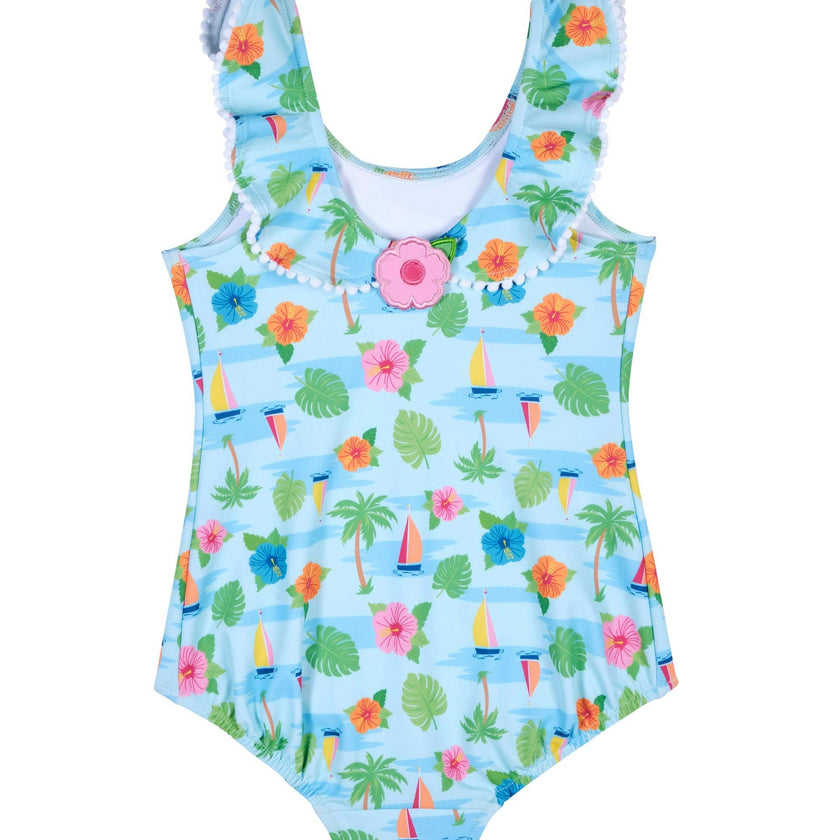 Tropical Print Ruffle Neck Swimsuit