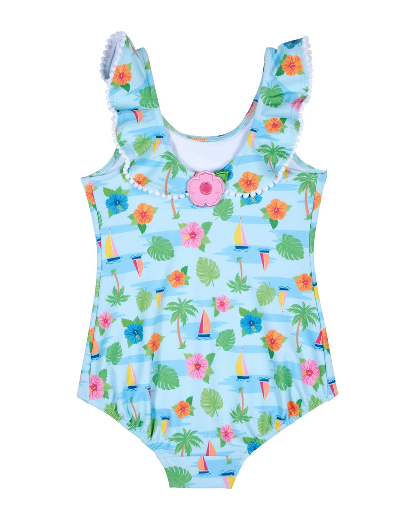 Tropical Print Ruffle Neck Swimsuit