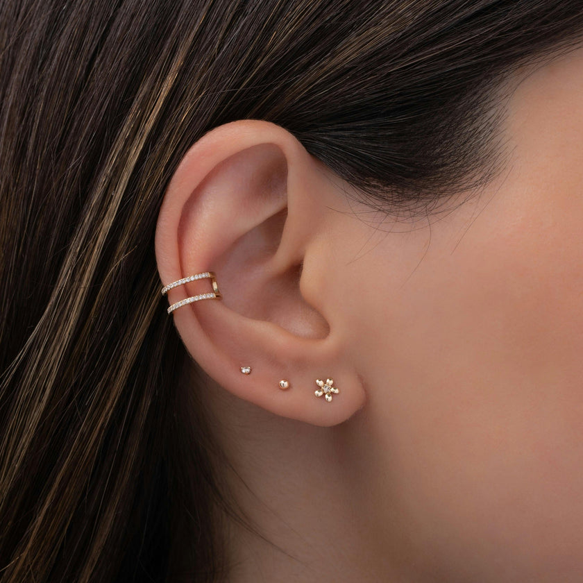 14k Gold Mini Diamond Flower Stud Earrings