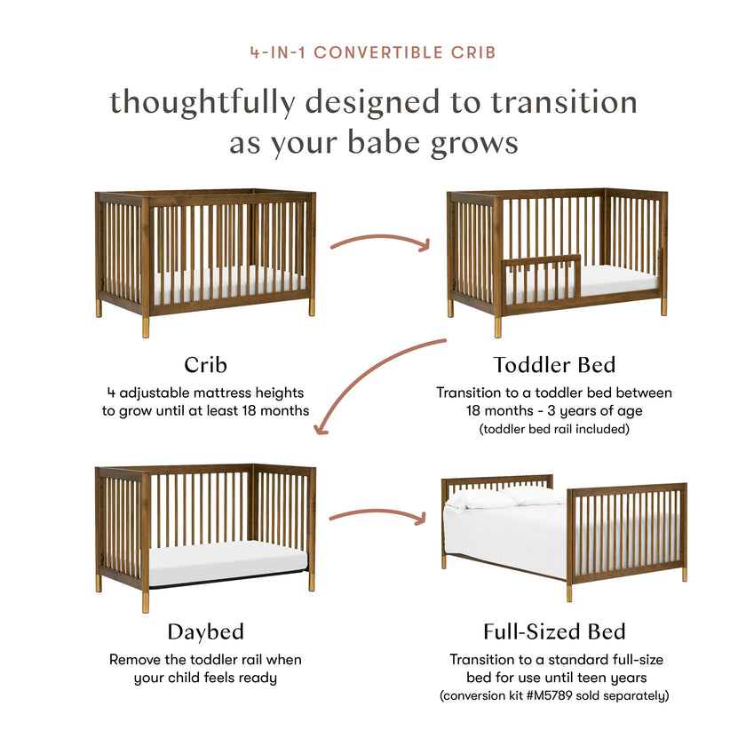 Gelato 4-in-1 Convertible Crib with Toddler Bed Conversion Kit in Natural Walnut & Gold Feet