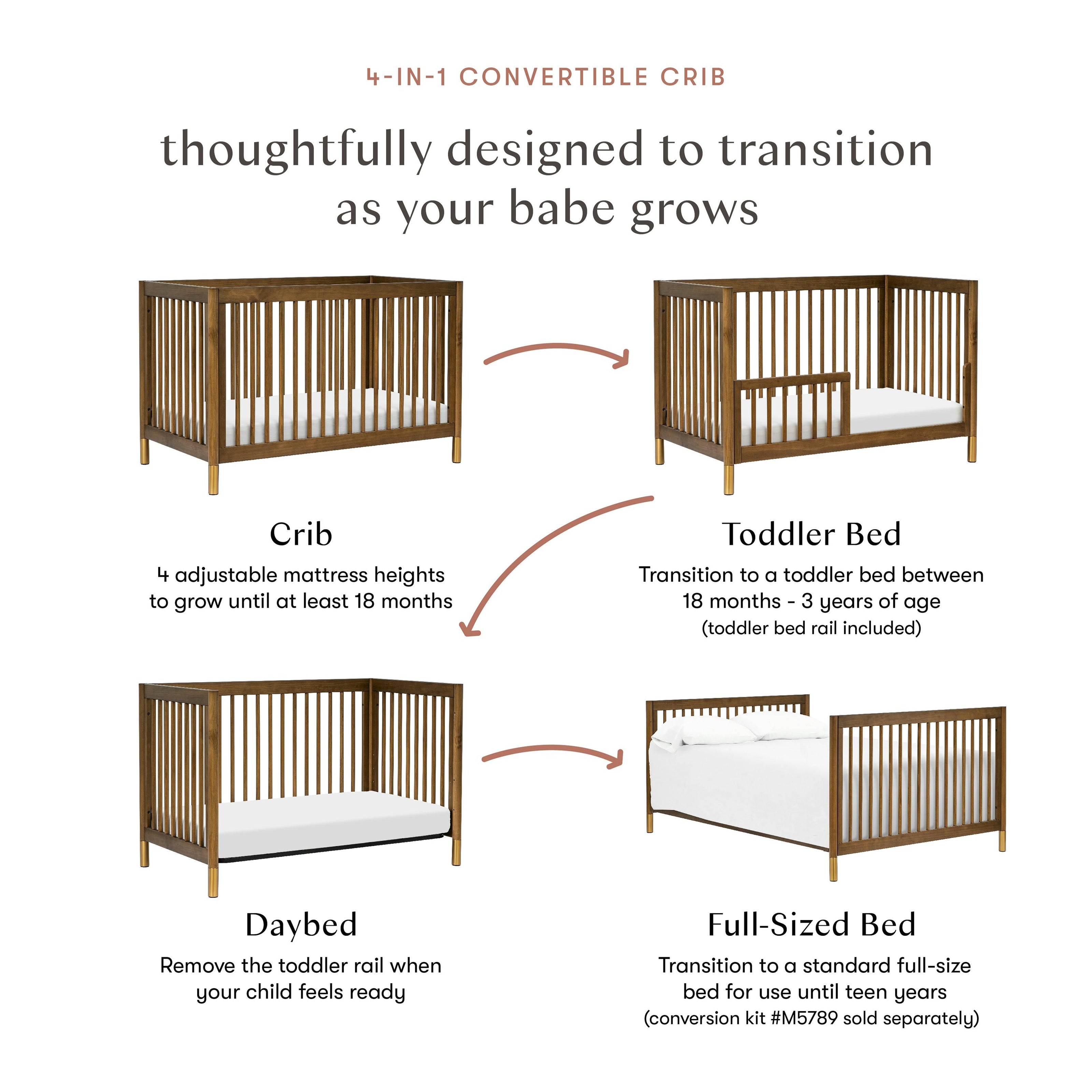 Gelato 4-in-1 Convertible Crib with Toddler Bed Conversion Kit in Natural Walnut & Gold Feet