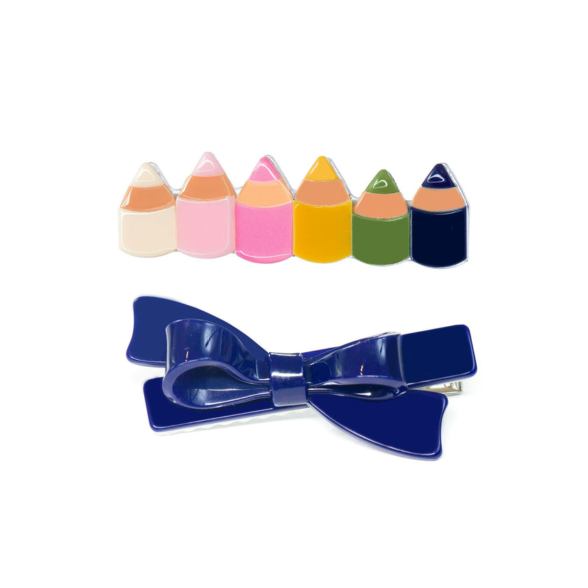 Pencils Colorful Navy Bow Hair Clips -BTS