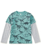 Printed Layered Sleeve Tee, Scribbled Dinosaurs
