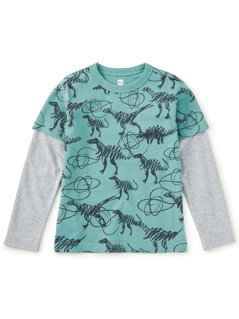 Printed Layered Sleeve Tee, Scribbled Dinosaurs