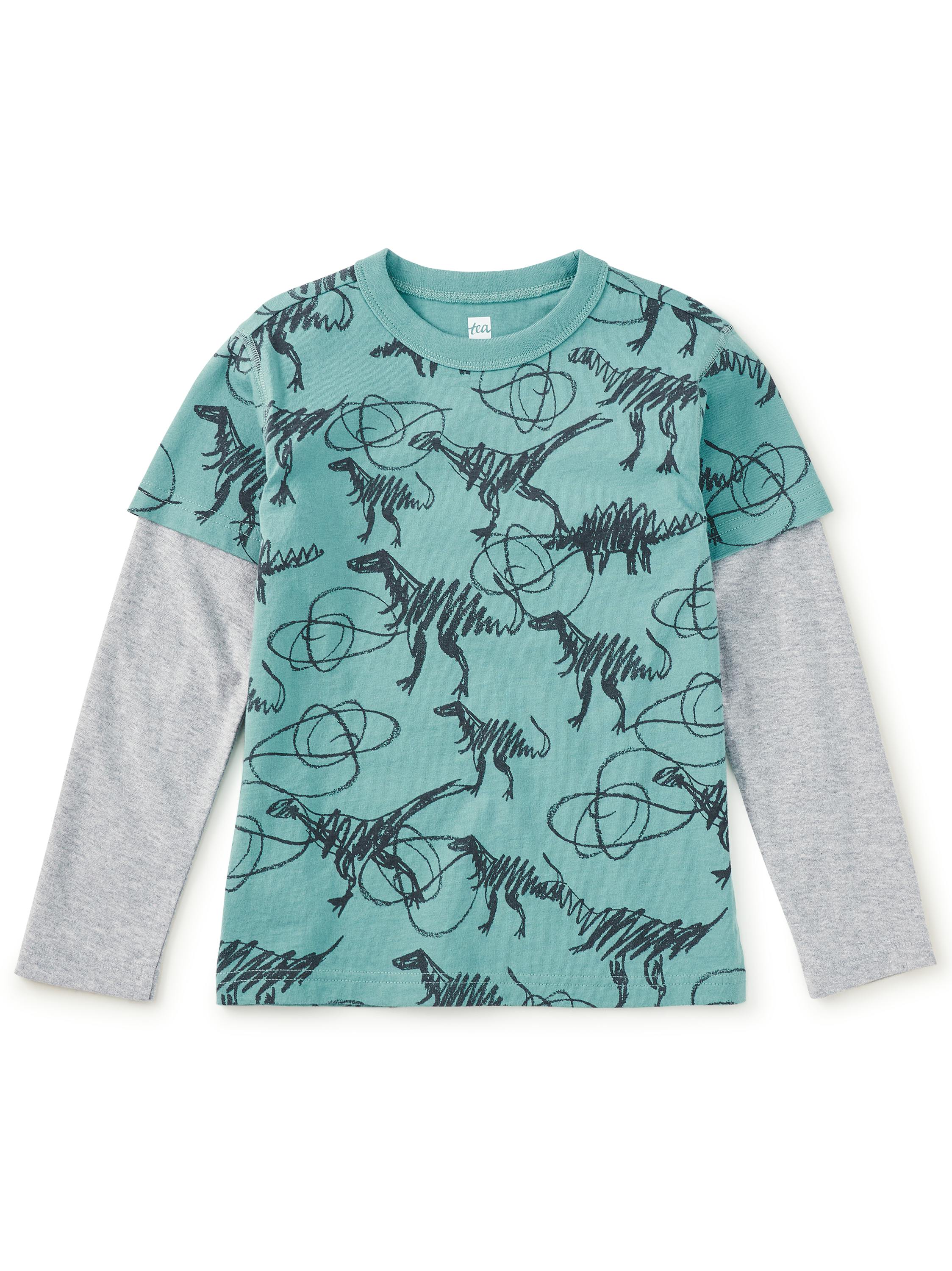 Printed Layered Sleeve Tee, Scribbled Dinosaurs