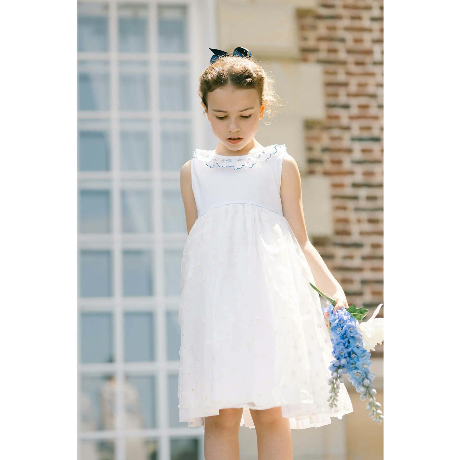 Cordelia White Linen Dress with Blue Tulle Embroidery