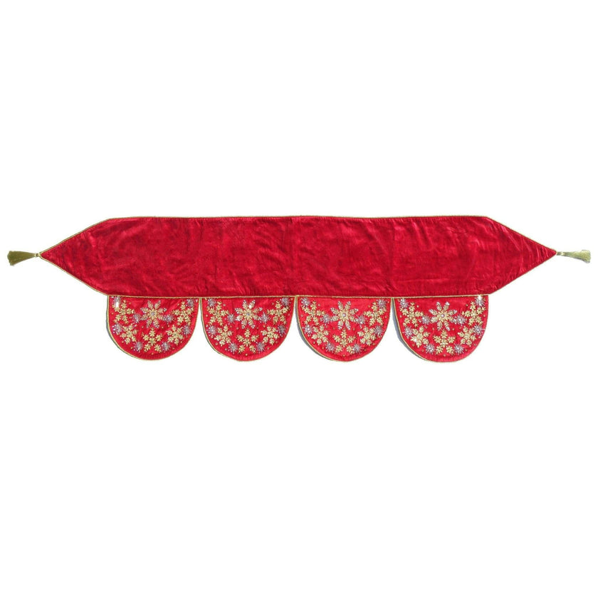 Red Velvet Mantel Scarf Hand Beading and Crewel Embroidery - 72"