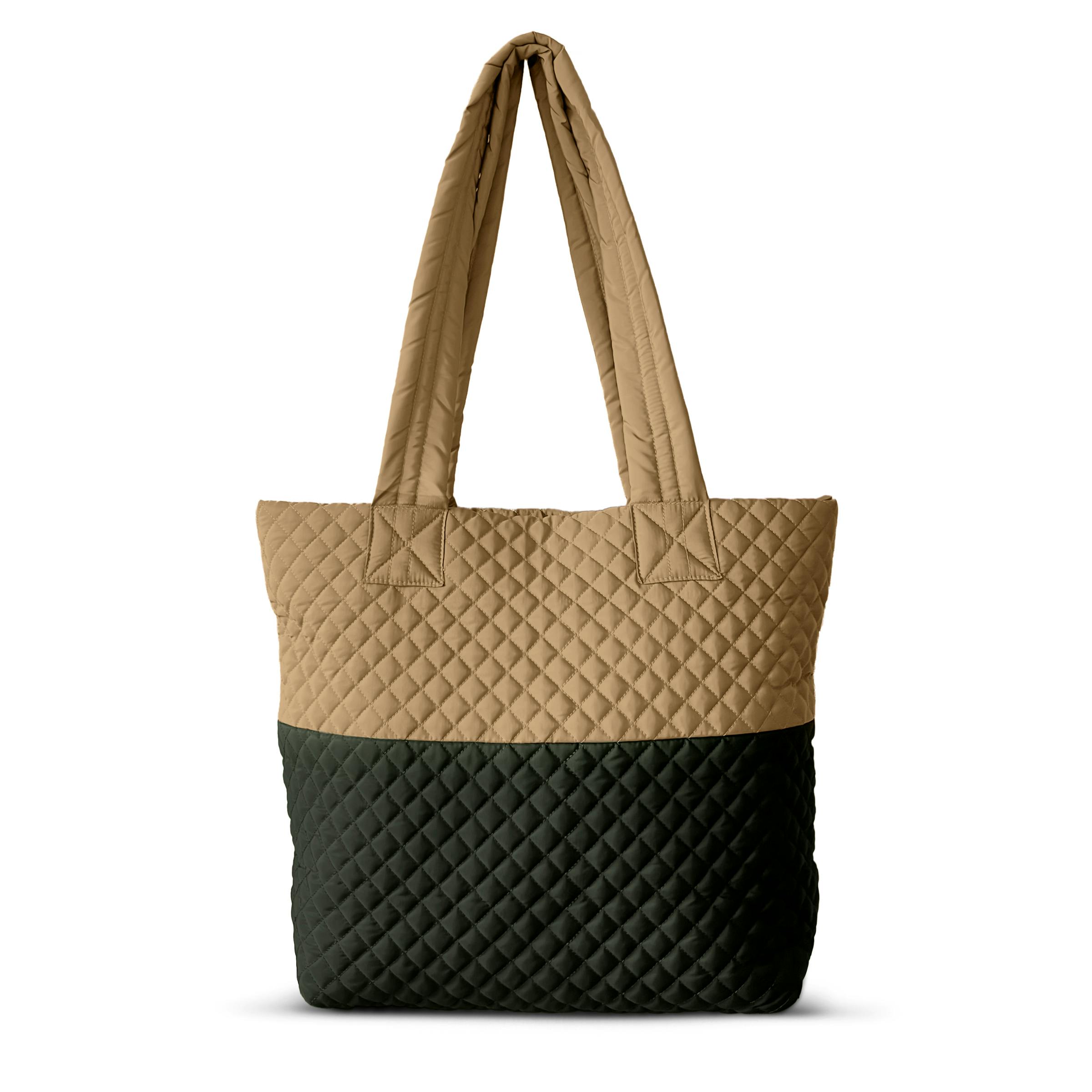 Newport Two-Tone Quilted Tote Bag with Zipper Closure - Dark/Light Khaki