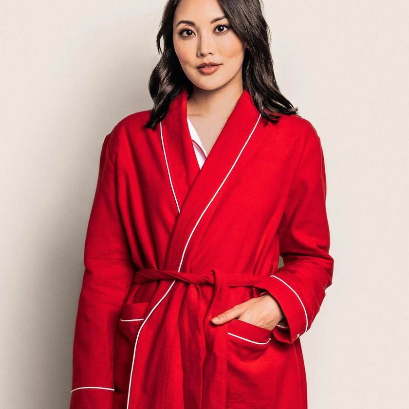 Women's Flannel Robe in Red with White Piping