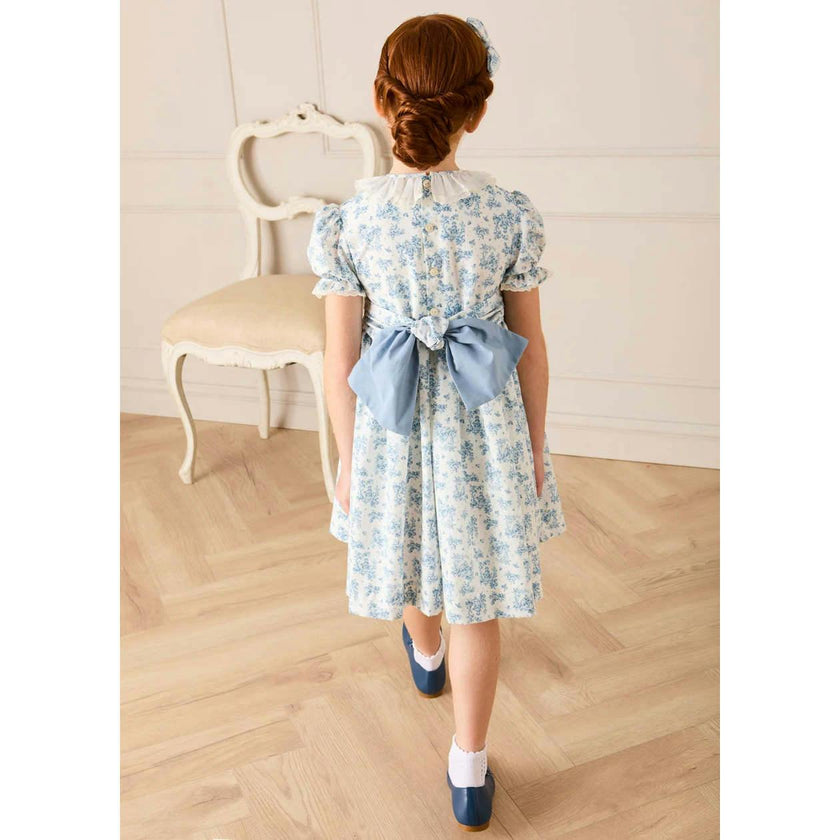 Audrey Toile Hand Smocked Ruffle Collar Short Sleeve Dress in Blue (12mths- 10yrs)