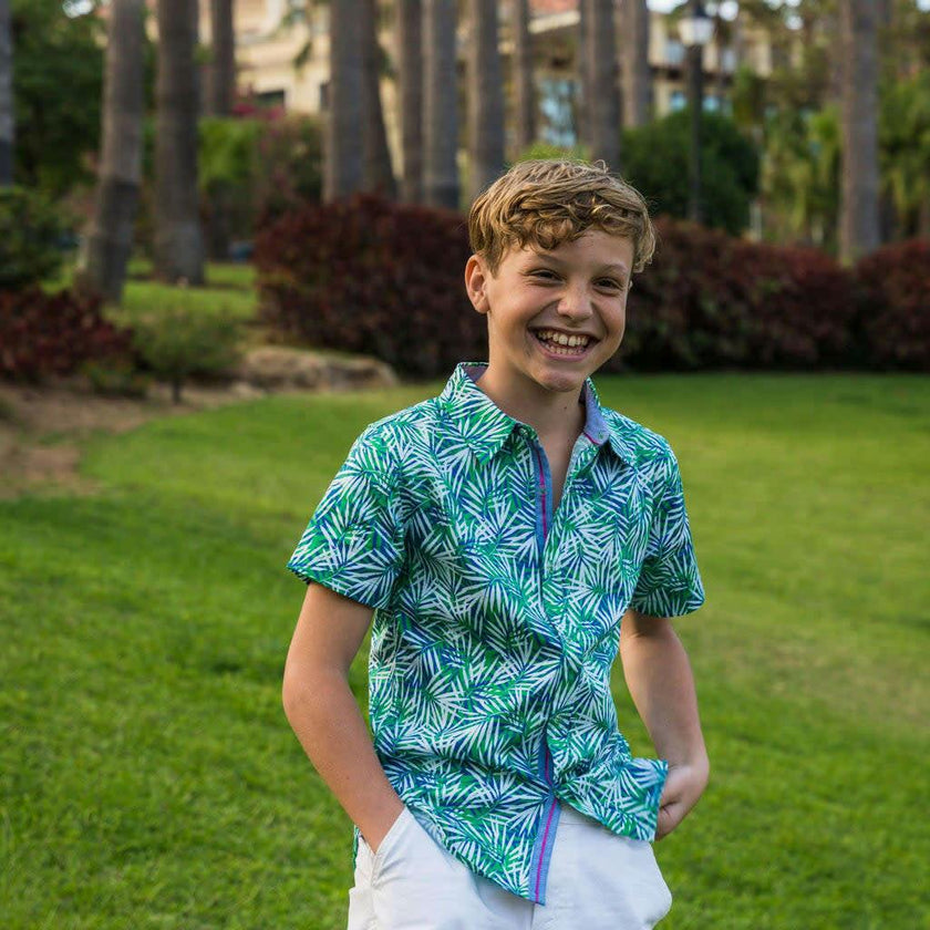 Tropical Palms Blue-Green Shirt in Short Sleeves