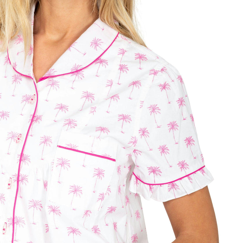 Women's Pink Palm Tree Short PJ Set - Organic Cotton Poplin
