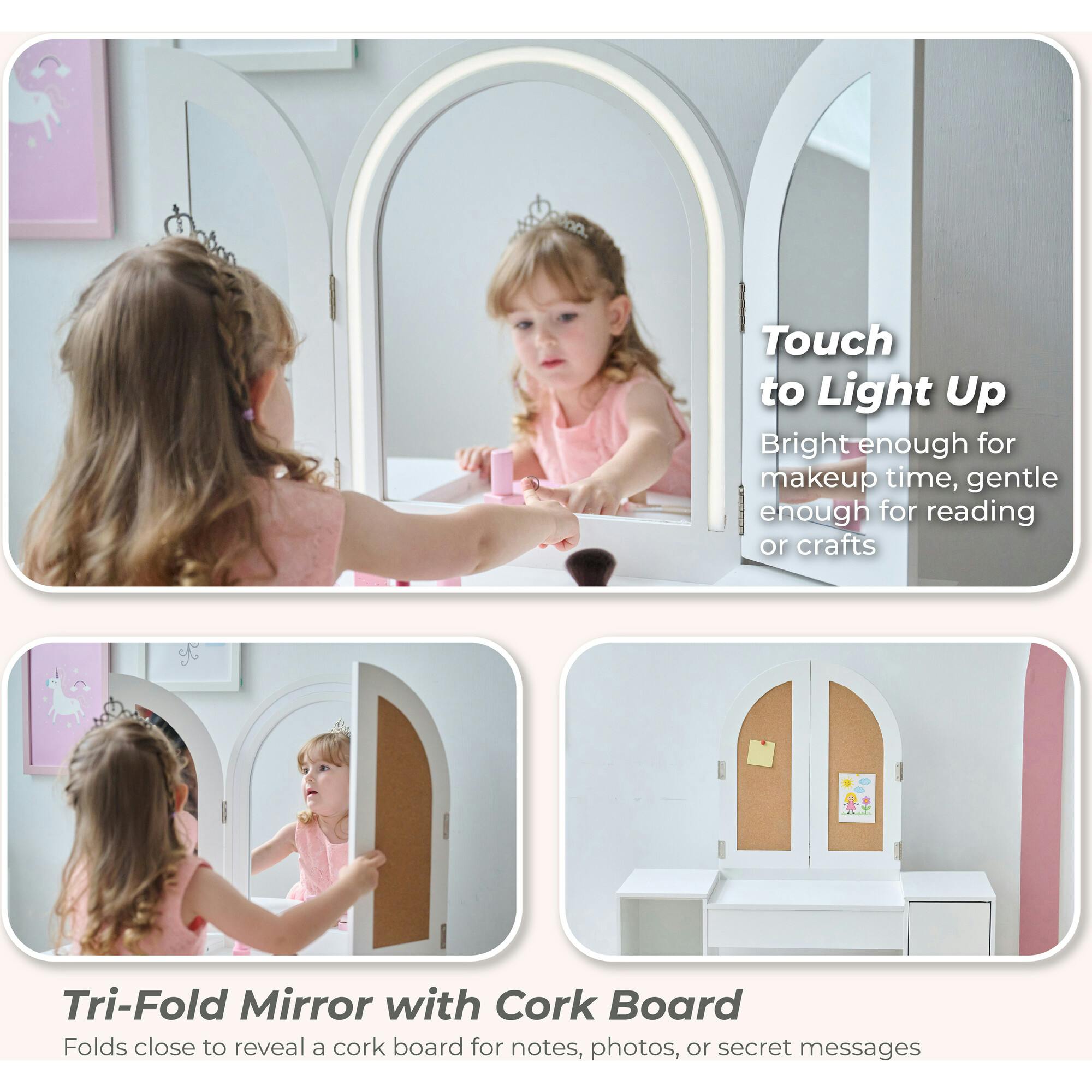 Teamson Kids Deluxe Glow Wooden Vanity Desk with LED Lights & Cork Panels