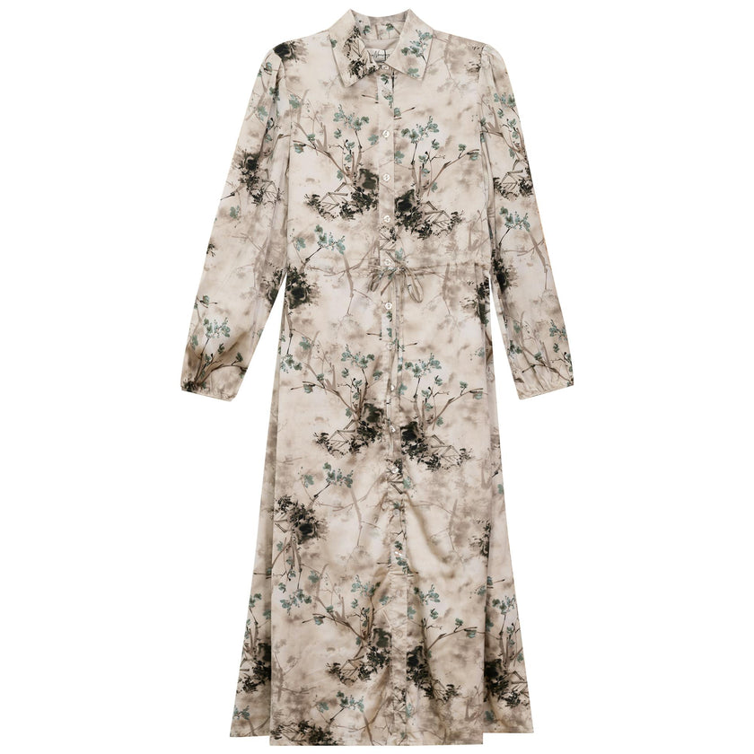Printed Satin Belted Shirt Dress