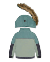 Two Piece Play Snowsuit Green And Navy Colorblock With Blue Camouflage Pants