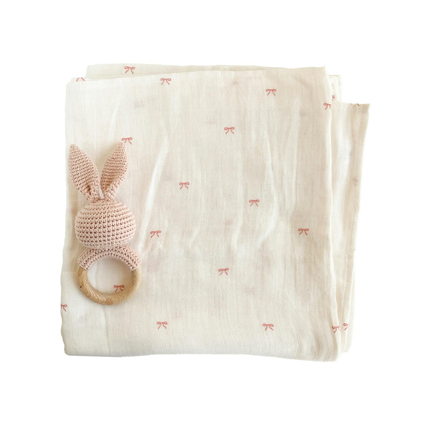 Bow Swaddle and Teether Set - Pink Bunny
