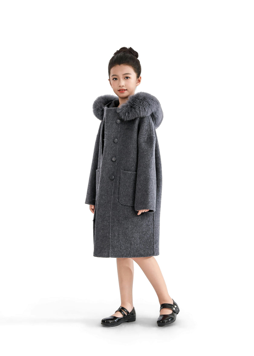 Gray Wool Coat with Faux Fur Hood