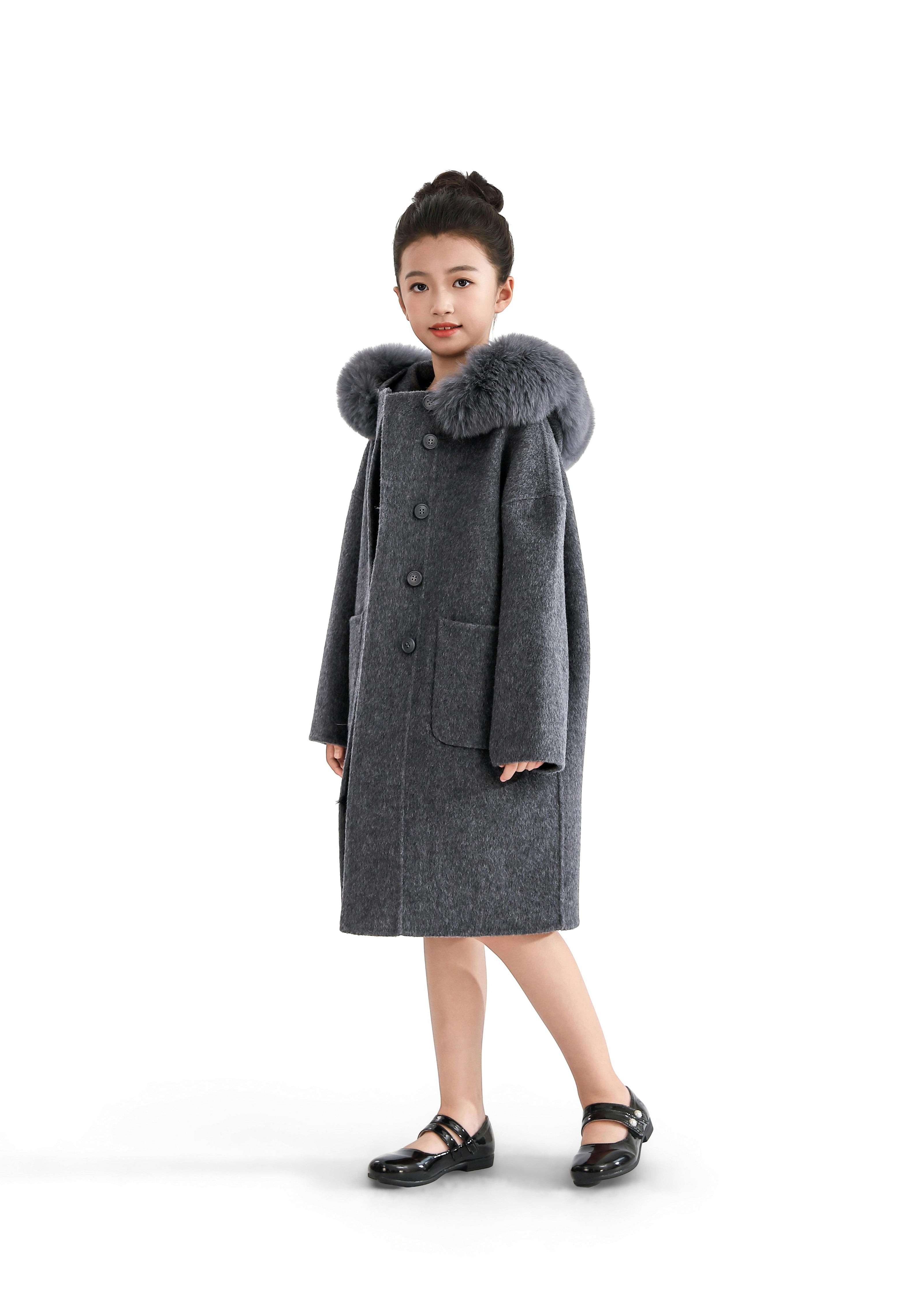 Gray Wool Coat with Faux Fur Hood
