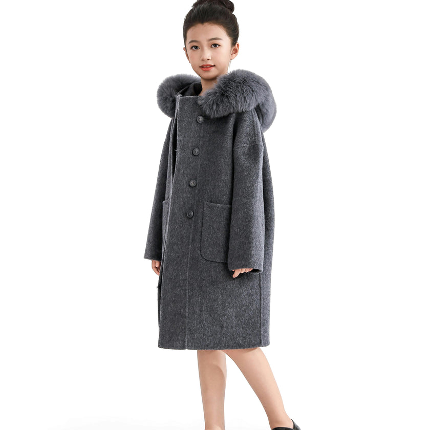 Gray Wool Coat with Faux Fur Hood