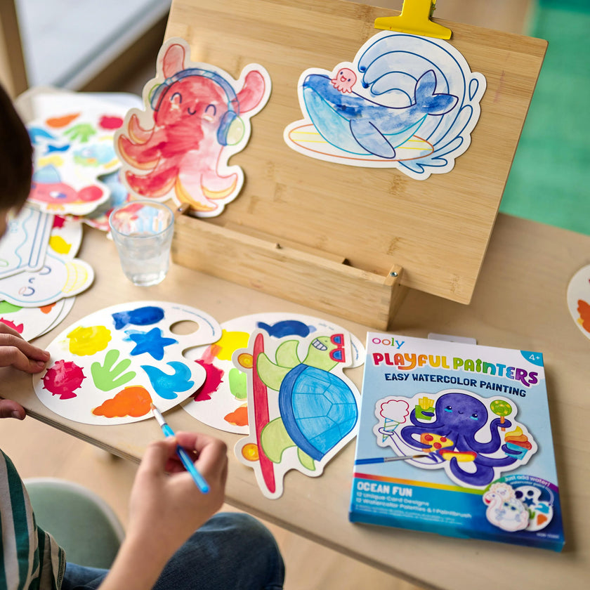 Playful Painters Easy Watercolor Painting Kit - Ocean Fun - 12 Cards 12 Palettes 1 Paintbrush
