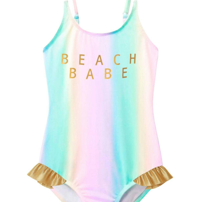 Pastel Beach Babe Gold Ruffle Swimsuit