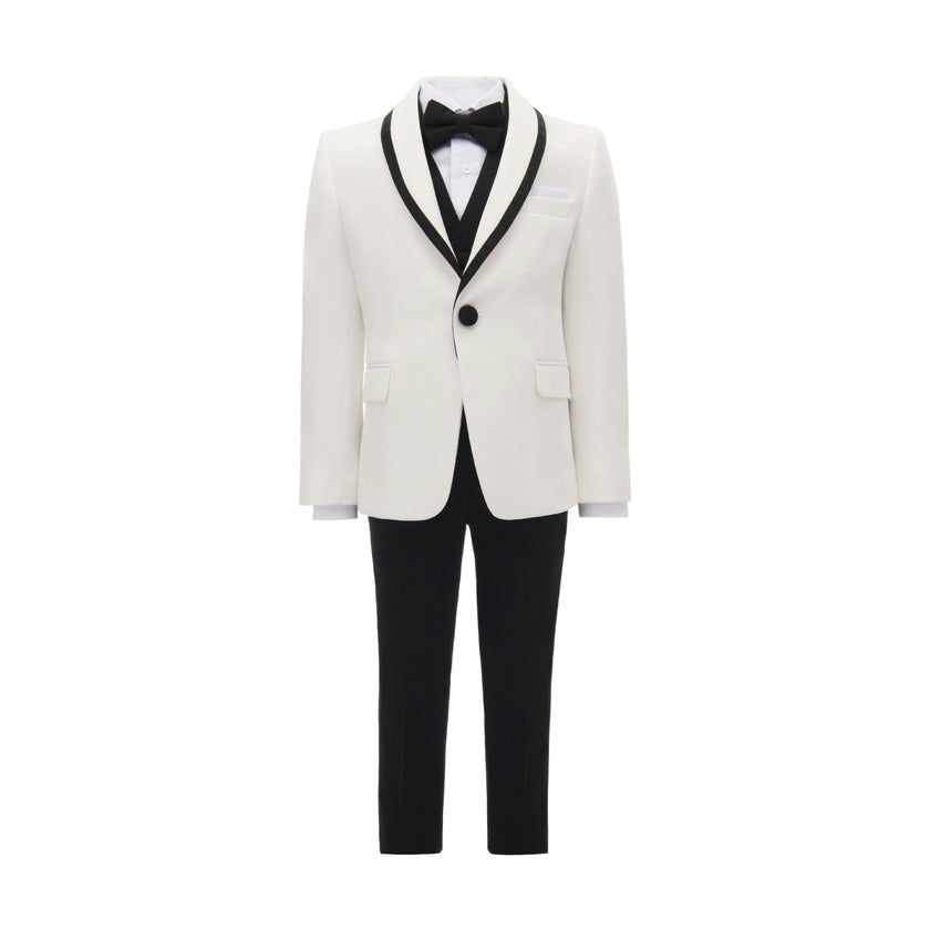 Cream-Black Trim Shawl Lapel 5 Pcs Tuxedo Set