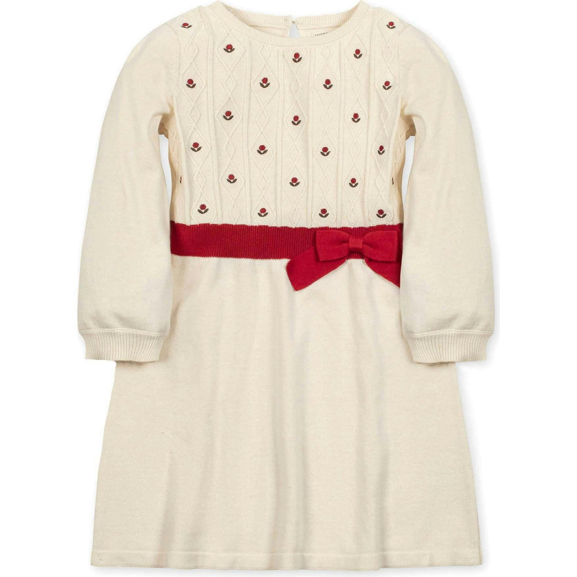 Organic Embroidered Skater Sweater Dress with Bow, White