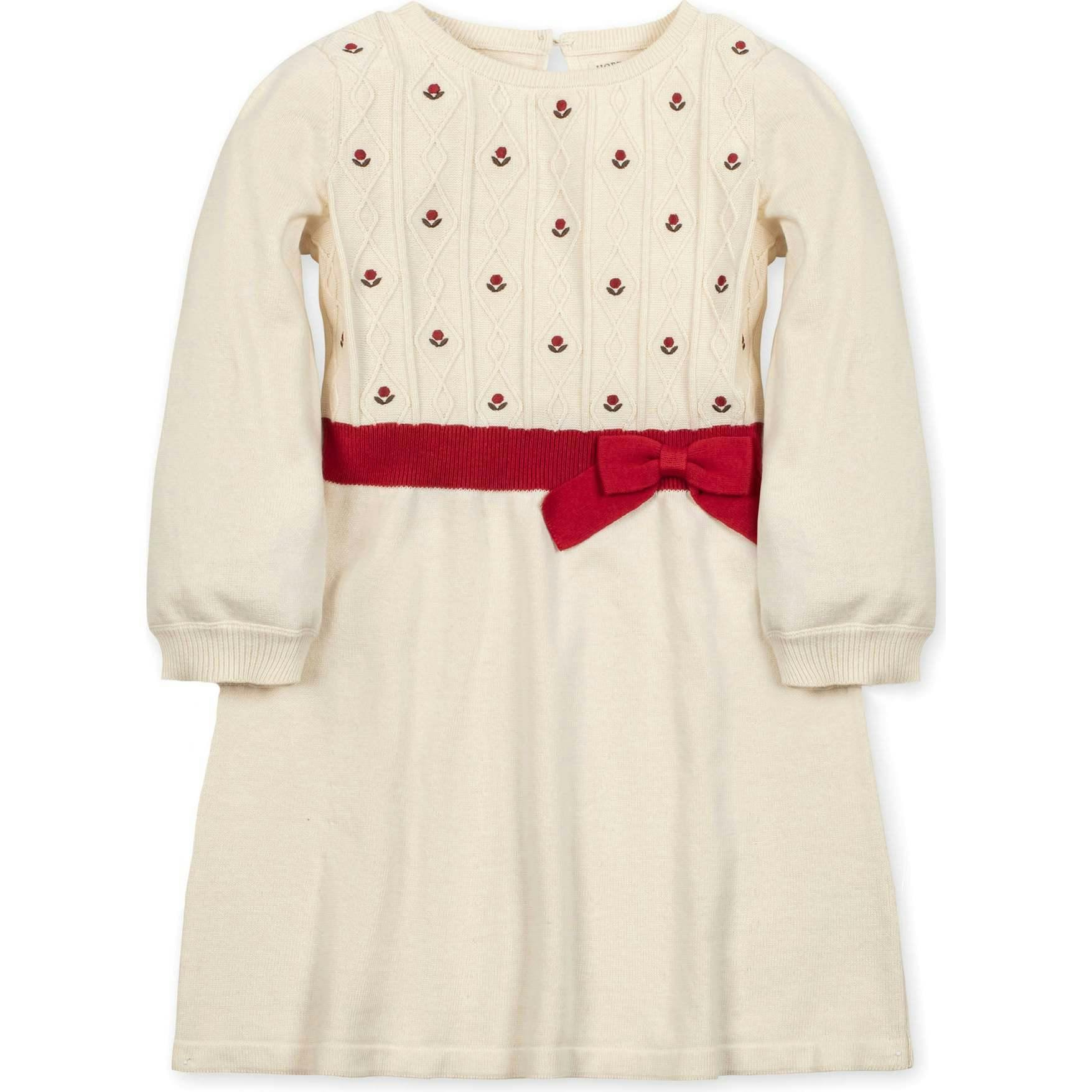 Organic Embroidered Skater Sweater Dress with Bow, White