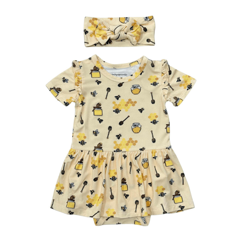 Baby Girl Short Sleeve Bodysuit Dress Set in Honey Bees