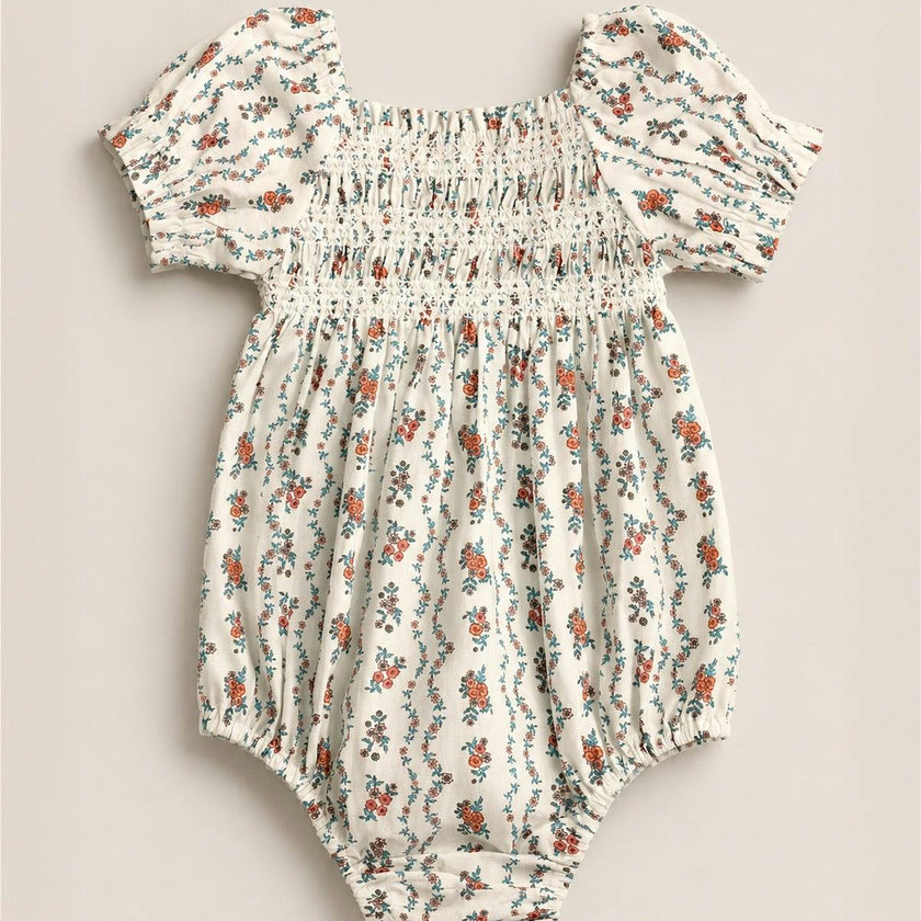 Baby Sunday Best Romper in Linear Poppy Woodblock