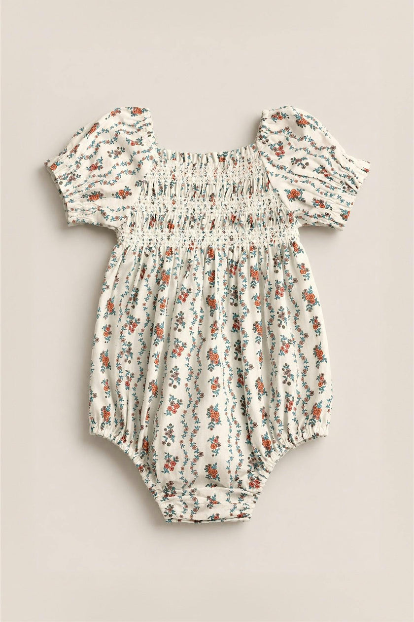 Baby Sunday Best Romper in Linear Poppy Woodblock