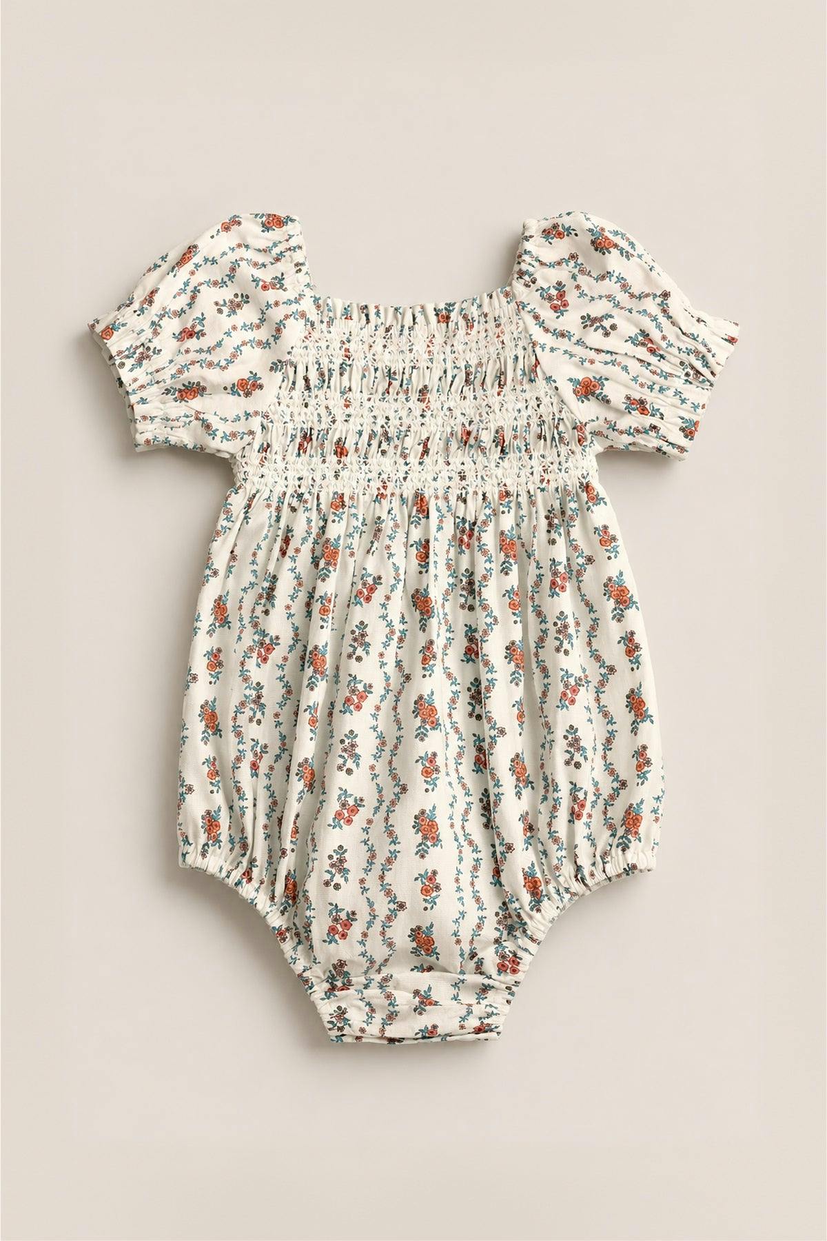 Baby Sunday Best Romper in Linear Poppy Woodblock