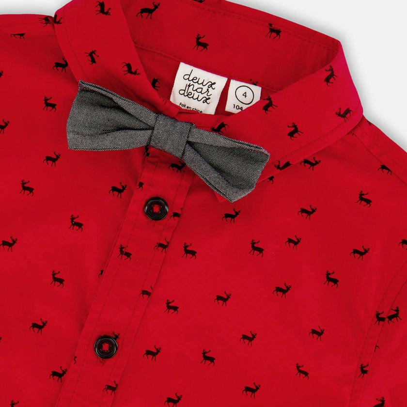 Printed Reindeer Poplin Shirt With Bow Tie Red