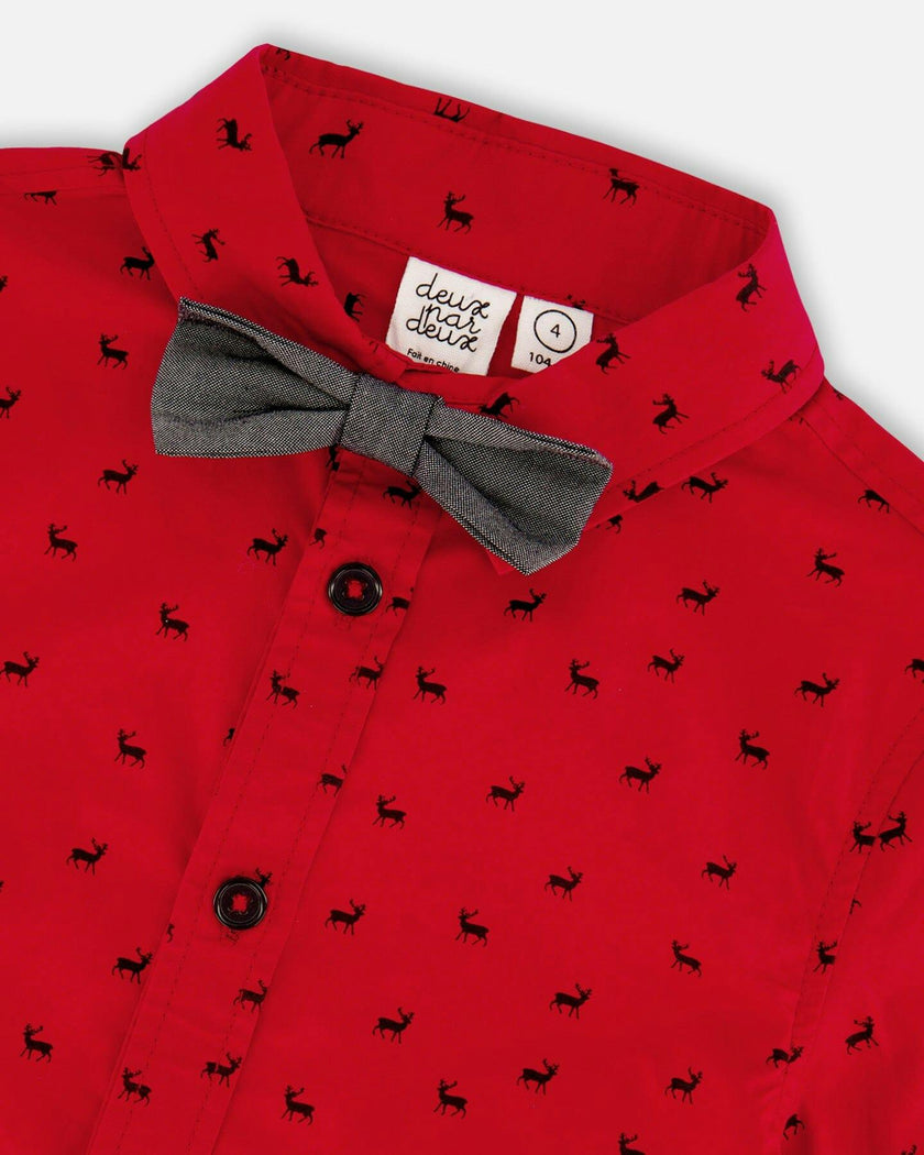 Printed Reindeer Poplin Shirt With Bow Tie Red