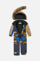 Kids One Piece Play Snowsuit Grey And Blue Dinosaur Print